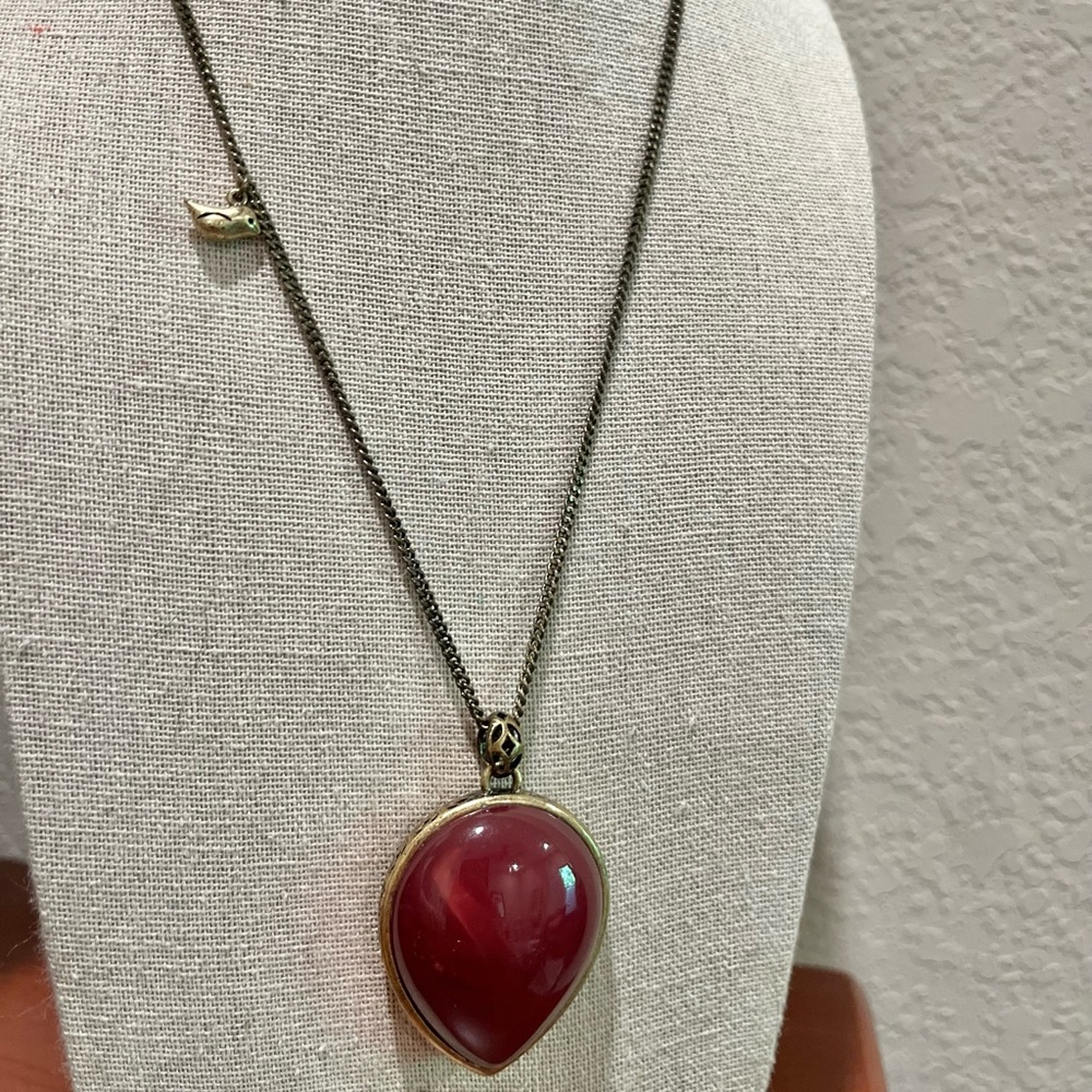 N170 Fossil Necklace with Large Red Teardrop Stone and Goldtone Charm Accents